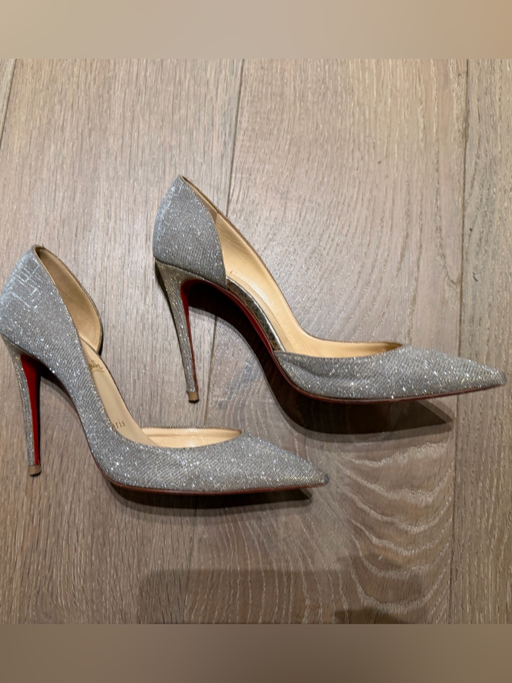 Christian Louboutin Silver Glitter Pointed-Toe Pumps with Red Sole